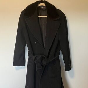 Anne Klein II Vintage Black Trench Maxi Wool Belted Coat with Fur Collar